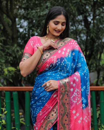 Bandhej With Zari Weaving Border Light Pink And Blue Saree