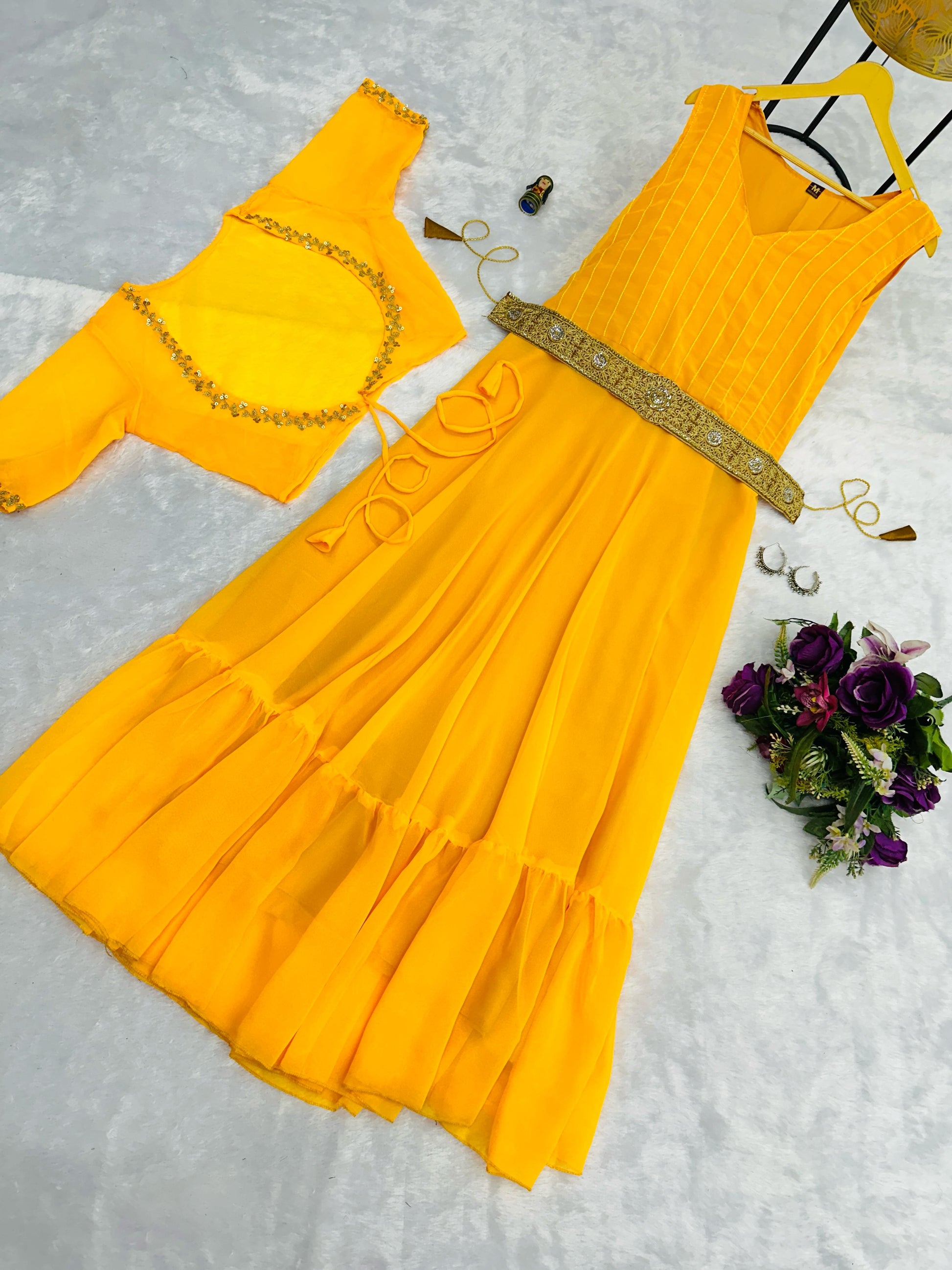 Designer Georgette Yellow Color Gown With Koti