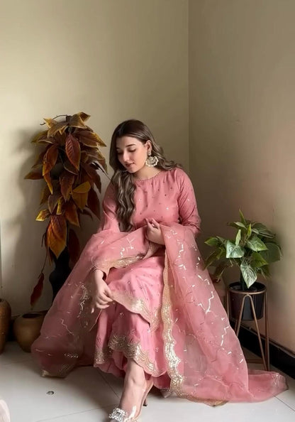 Adorable Roman Silk Peach Color Salwar Suit
