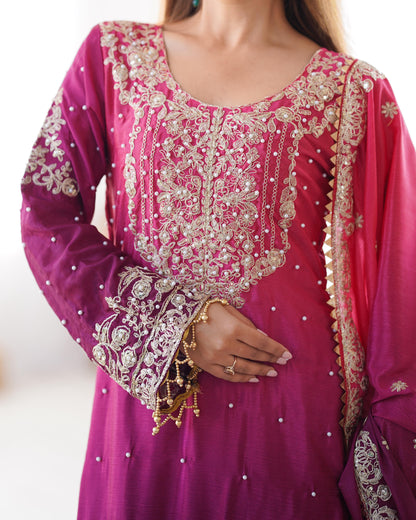 Good Looking Chinon Silk Rivet Moti Pink Color Sharara Suit
