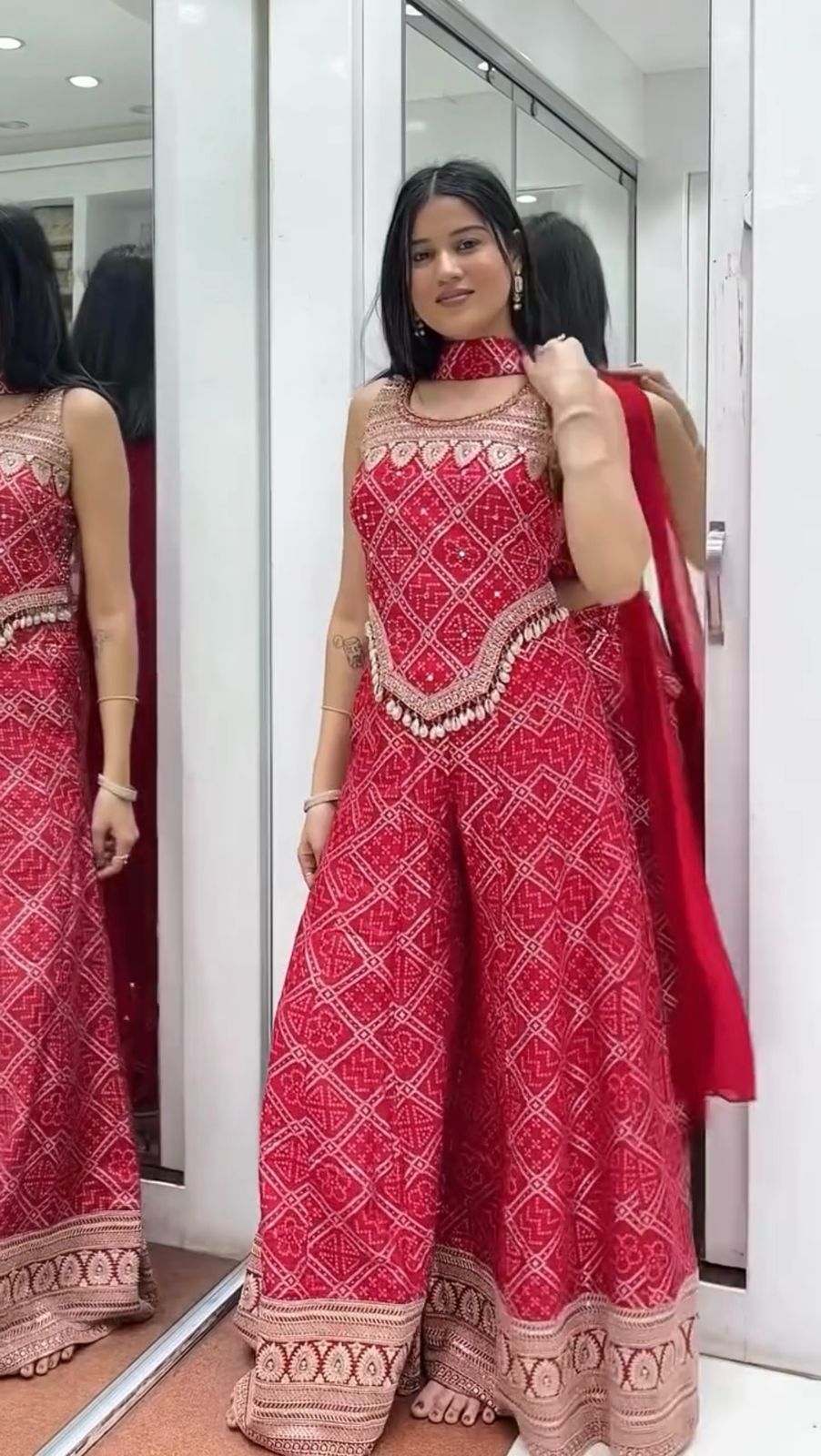 Function Wear Chinon Silk Red Color Sharara Suit