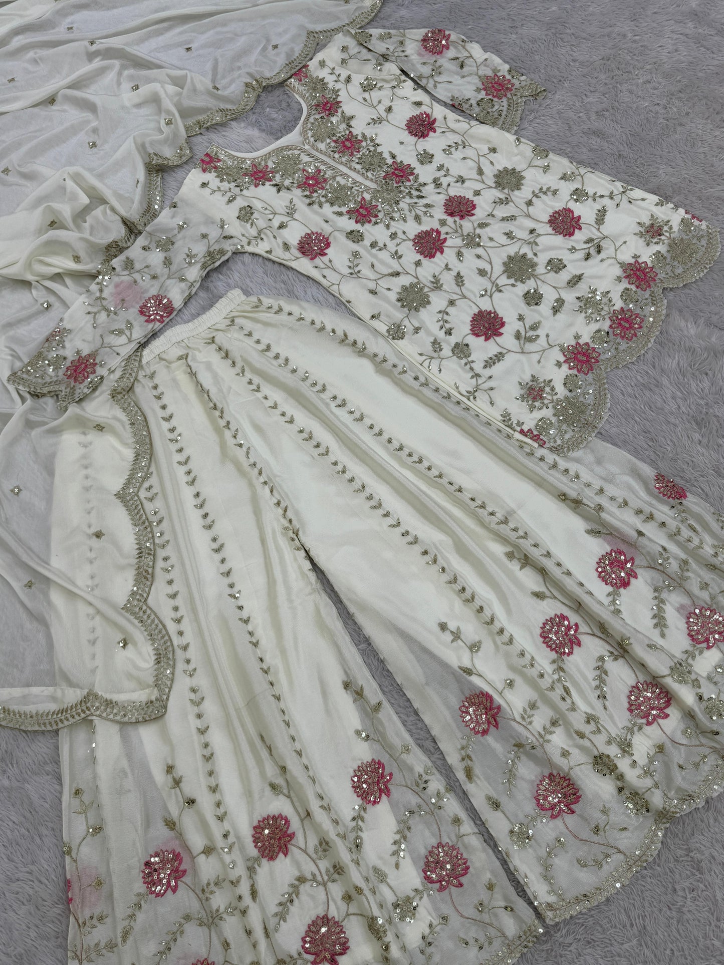 Outstanding Sequence And Thread Work White Color Sharara suit