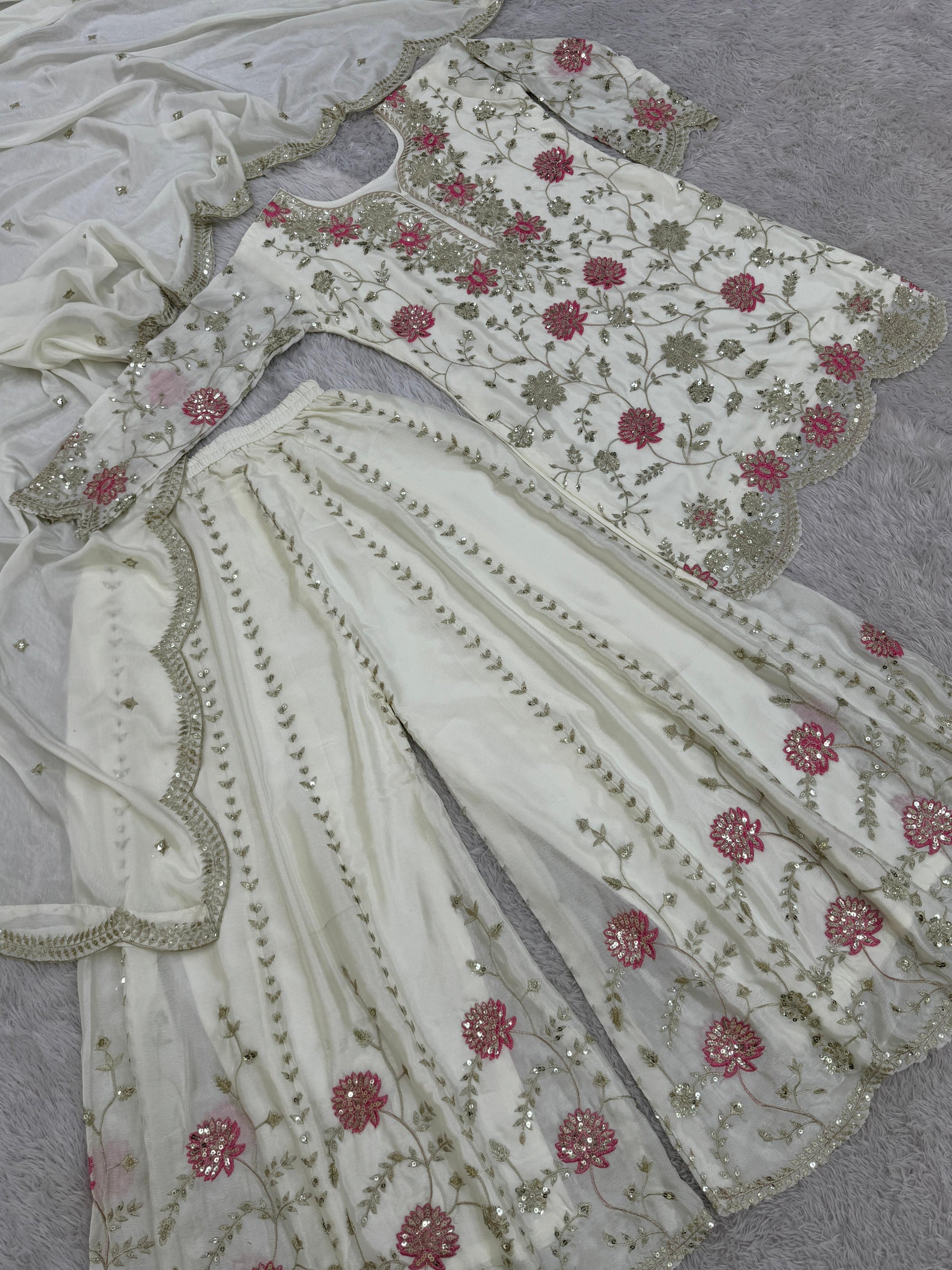 Outstanding Sequence And Thread Work White Color Sharara suit