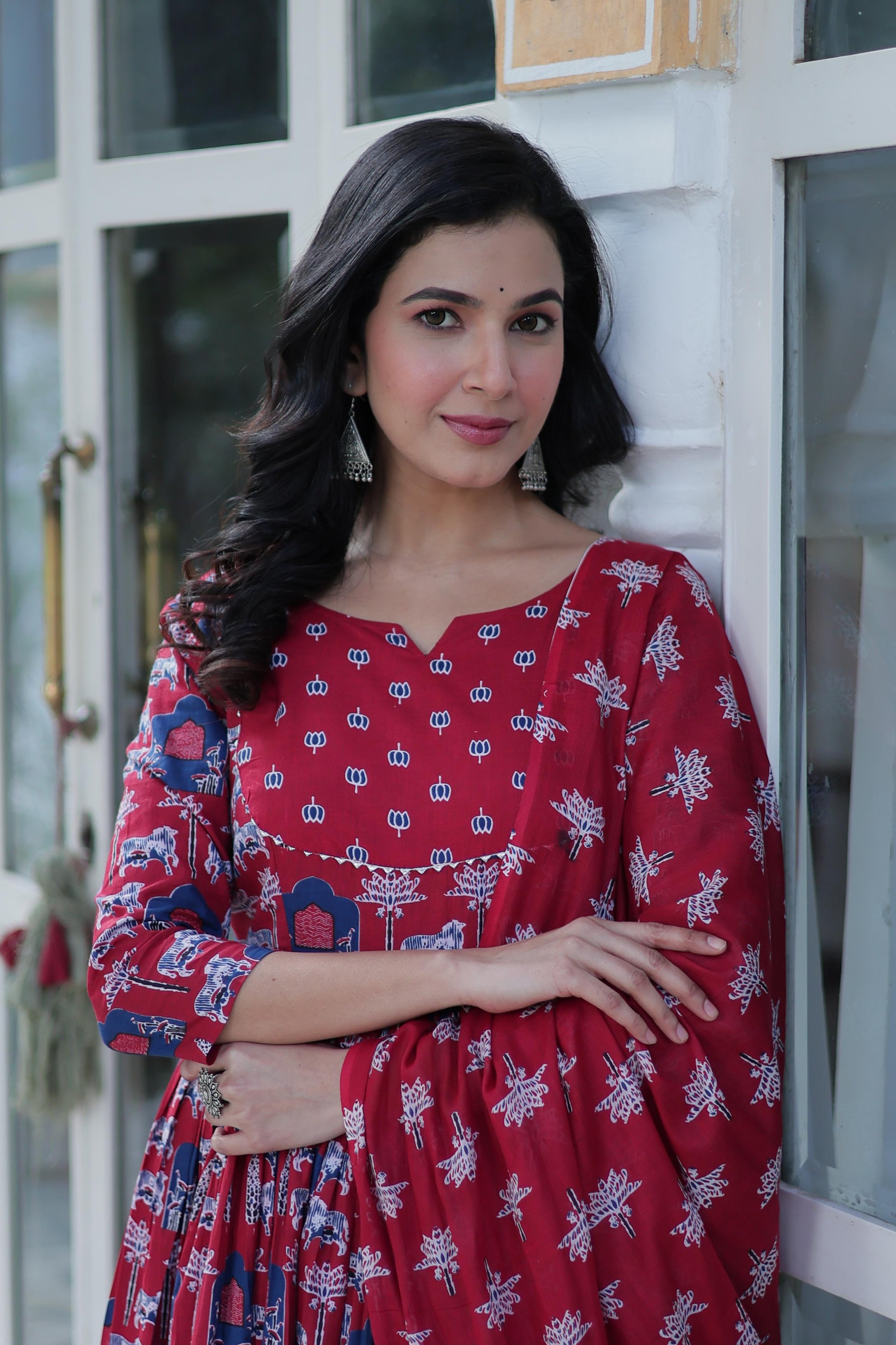 Fancy Cotton Round Neck Red Color Gown