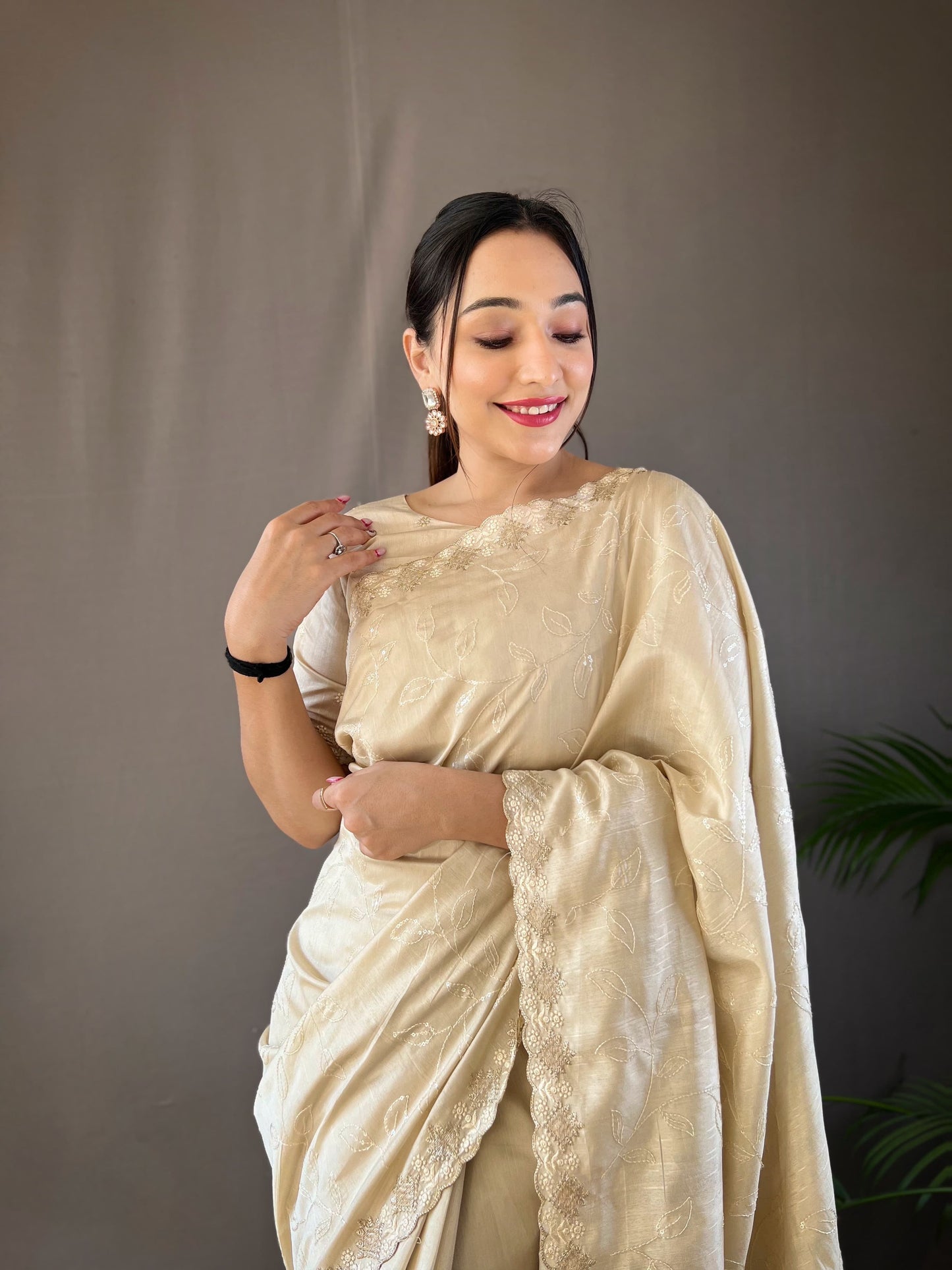 Ready To Wear Sequence With Cut Work Cream Color Saree