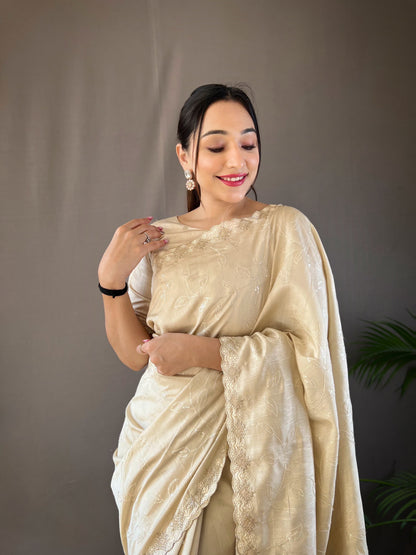 Ready To Wear Sequence With Cut Work Cream Color Saree