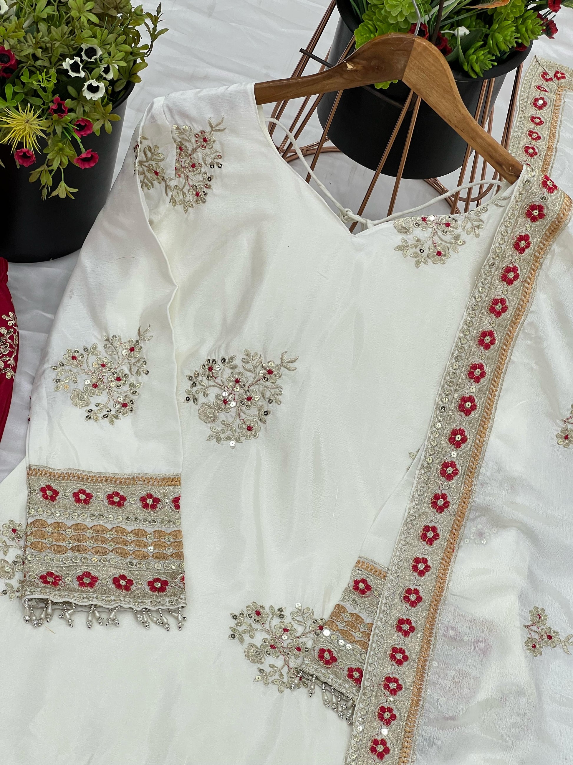 Flattering White & Red Color Chinnon Silk Palazzo Suit