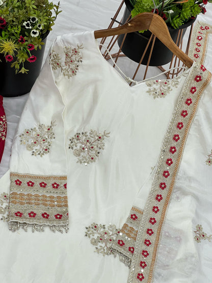 Flattering White & Red Color Chinnon Silk Palazzo Suit