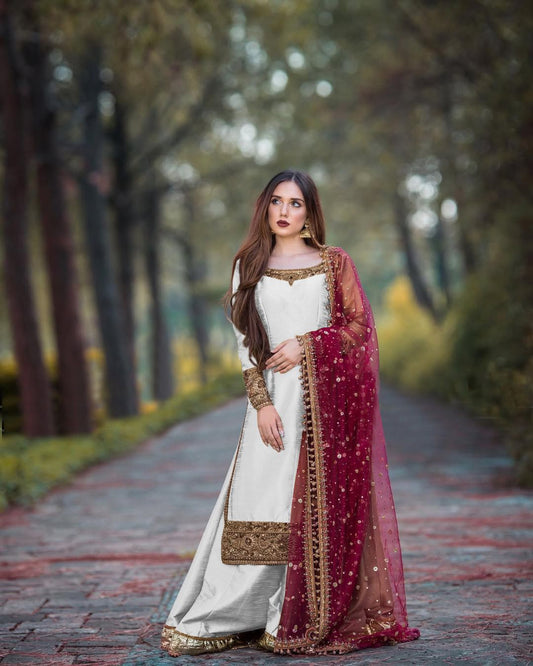 Good Looking Sequin Work White Color Top Palazzo With Dupatta