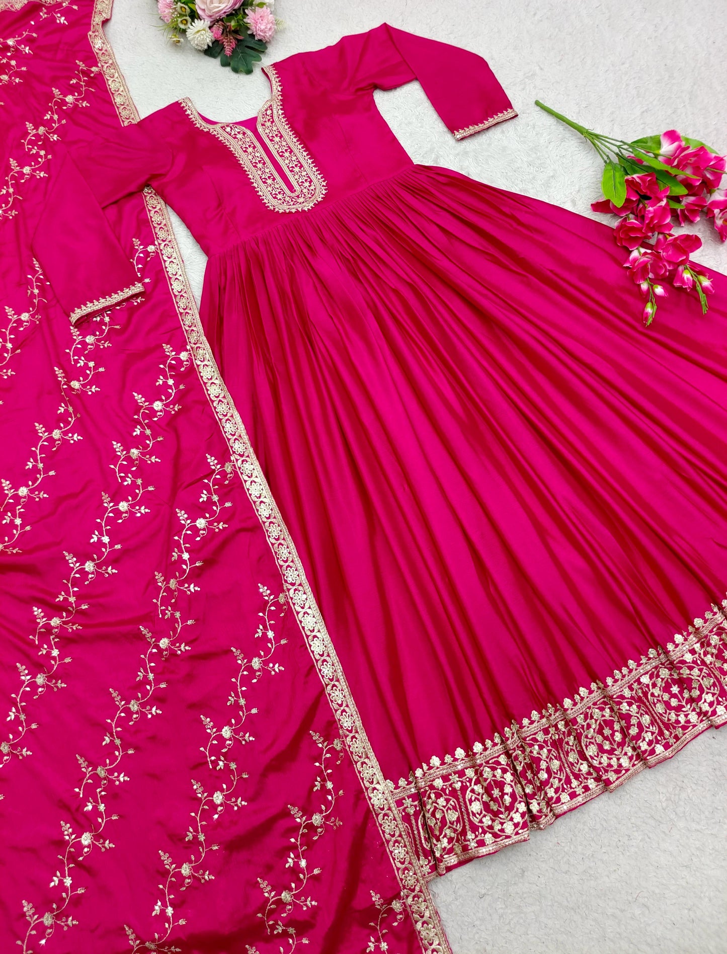 Fashionable Satin Silk Embrodery Work Pink Color Gown