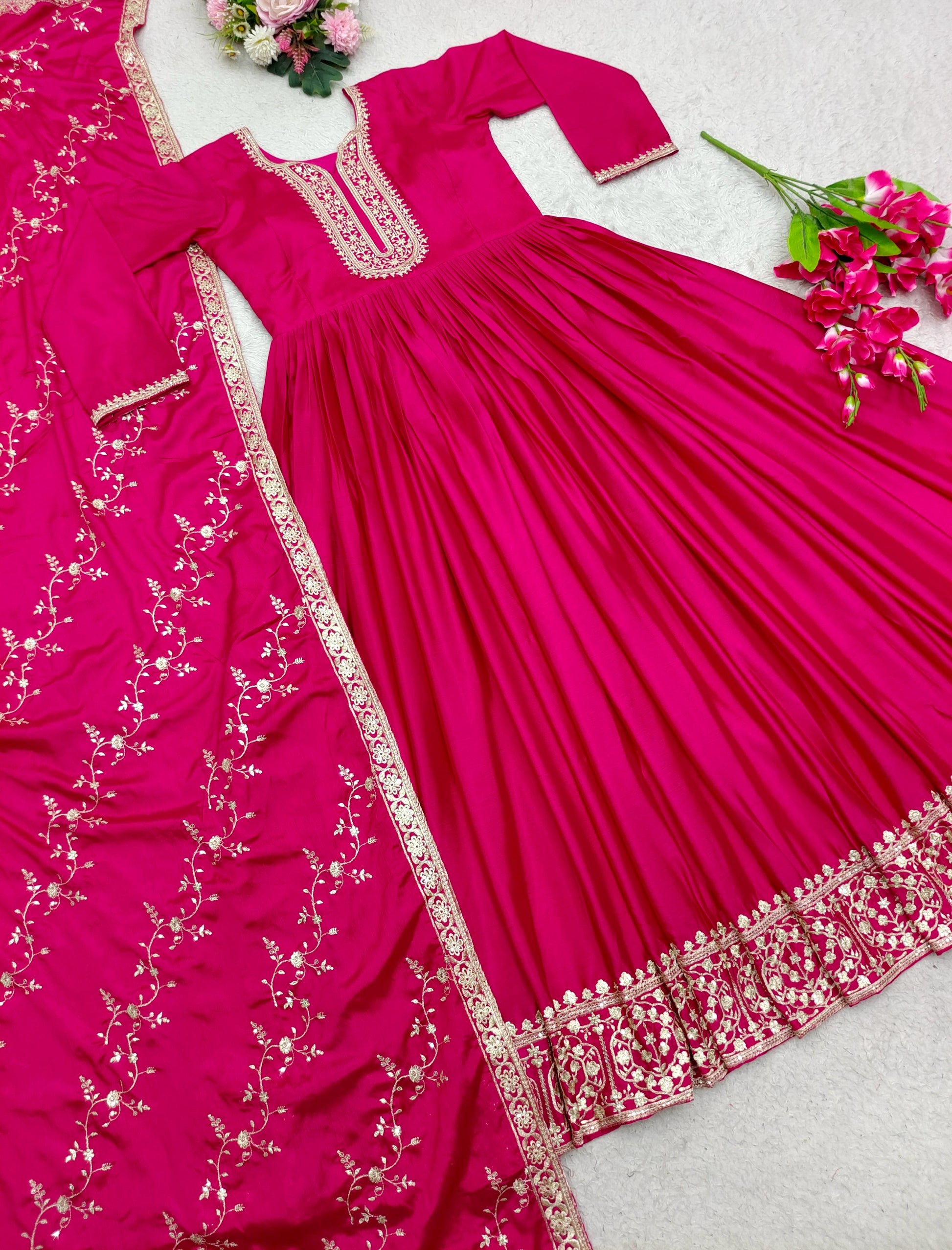 Fashionable Satin Silk Embrodery Work Pink Color Gown