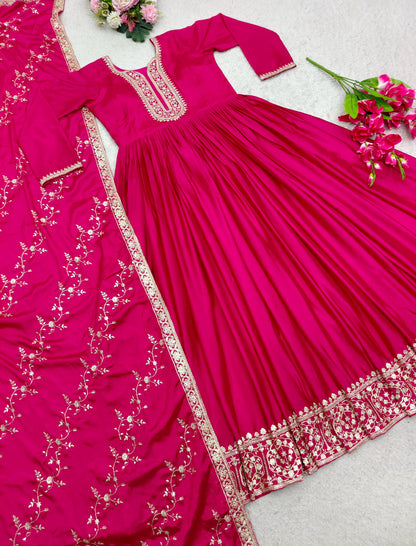 Fashionable Satin Silk Embrodery Work Pink Color Gown