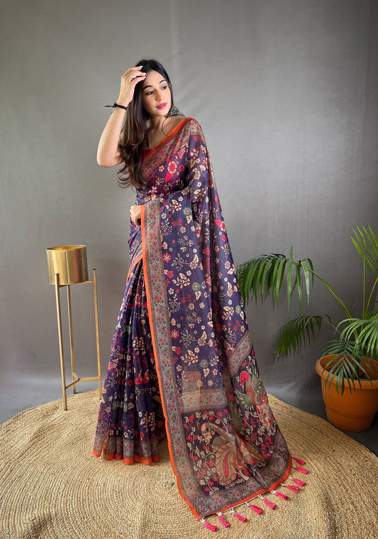 Fabulous Malai Cotton Blue Color Saree
