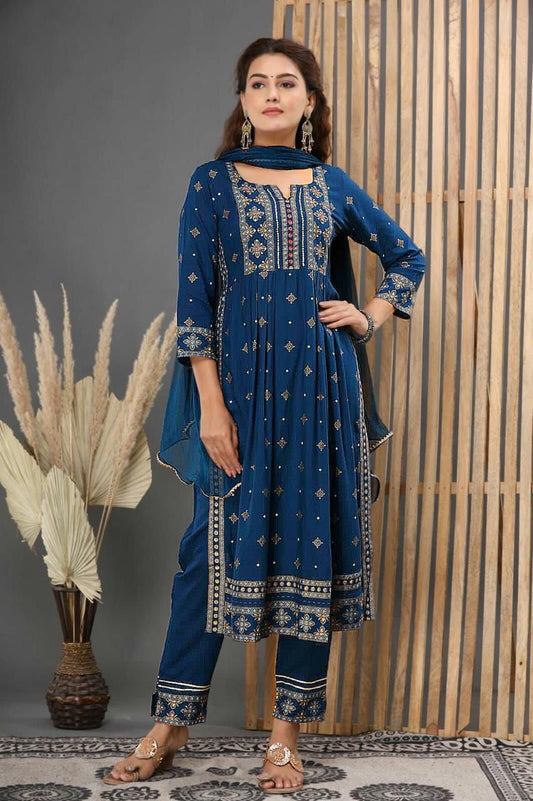 Precious Reyon Foil Print Blue Color Salwar Suit