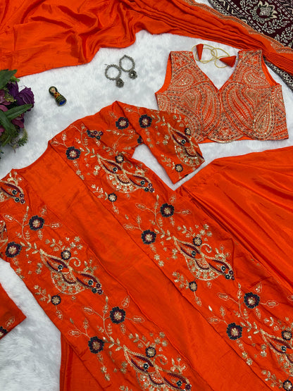 Eyes Catching Chinon Silk Orange Color Ready To Wear Saree With Koti