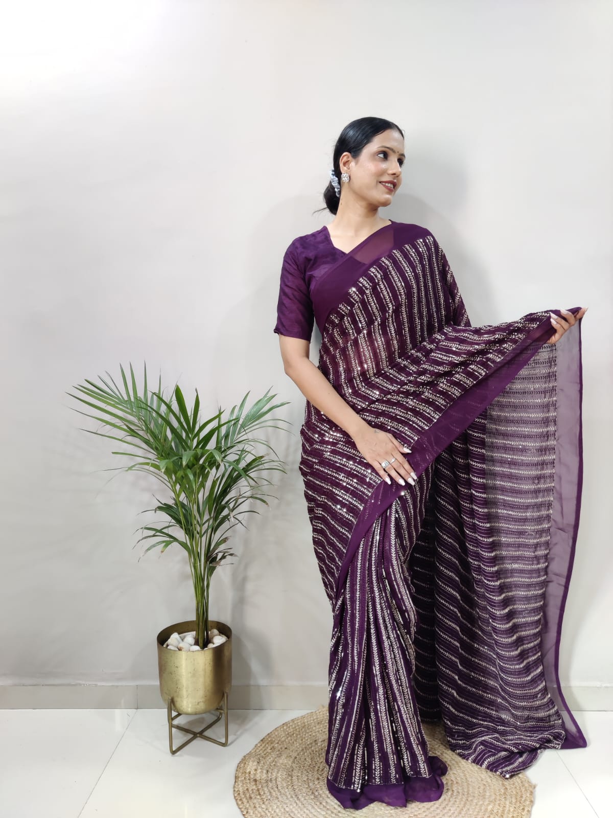 Fantastic Georgette Sequins Work Wine Color Ready To Wear Saree