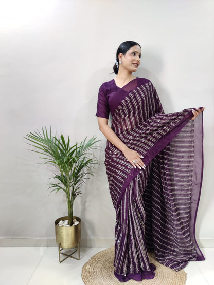 Fantastic Georgette Sequins Work Wine Color Ready To Wear Saree