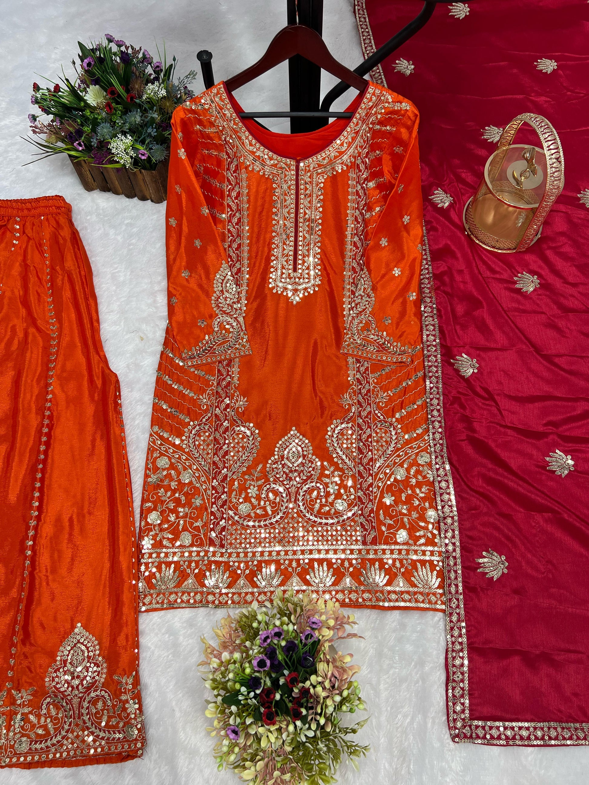 Glossy Orange Color Chinon Silk Palazzo With Dupatta Set