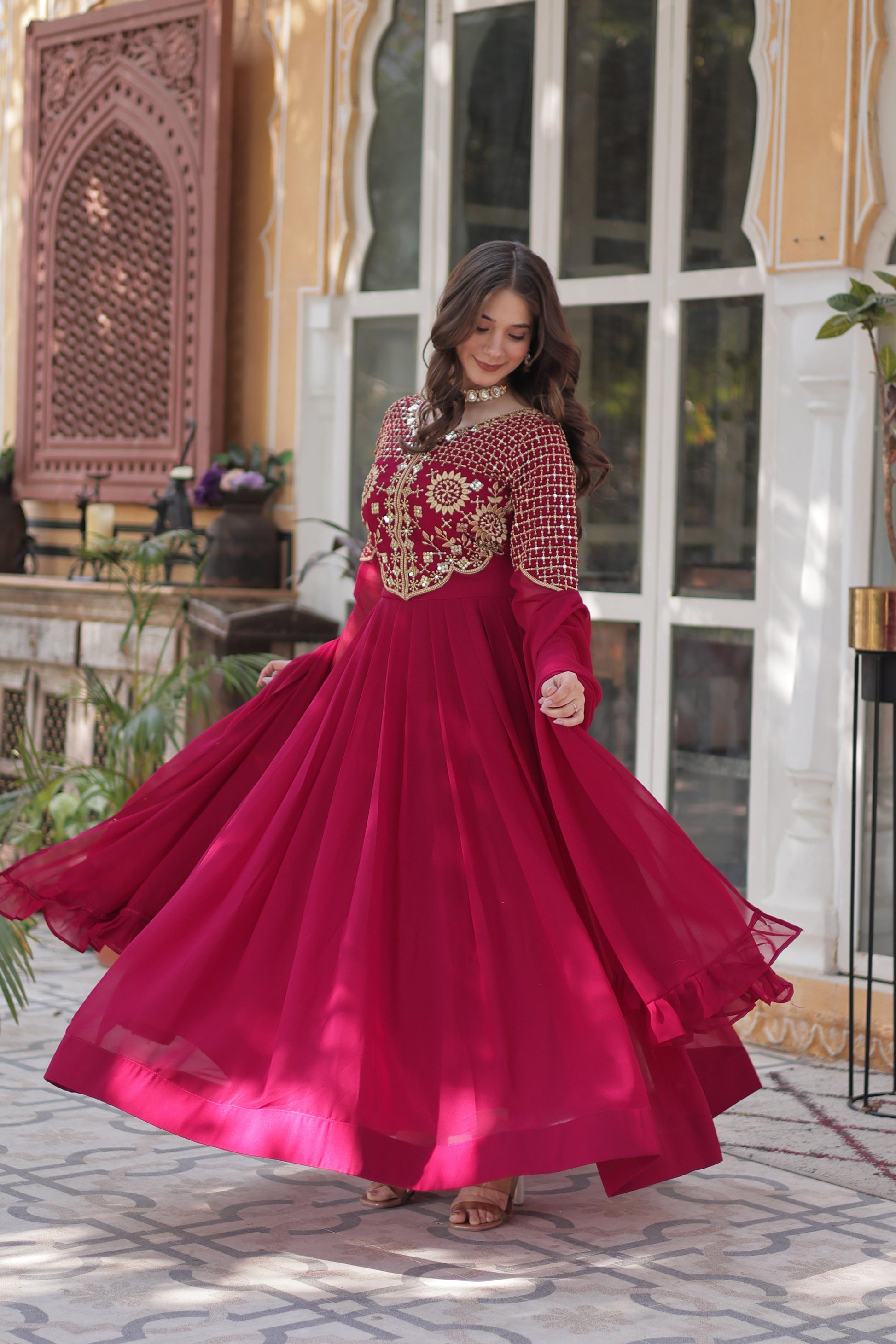Stunning Georgette Embroidered Work Red Color Gown