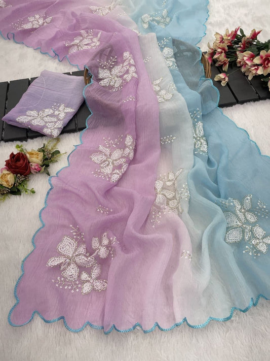 Awesome Embroidery Work Lavender & Blue Multi Color Saree
