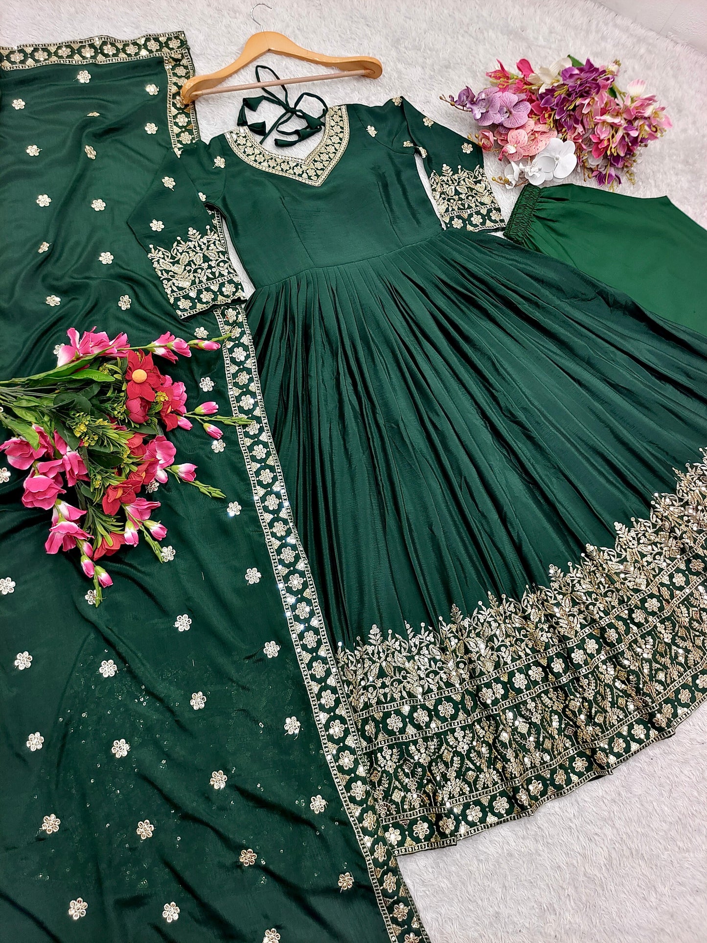 Imposing Chinon Silk Sequence Work Green Color Gown