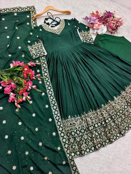 Imposing Chinon Silk Sequence Work Green Color Gown