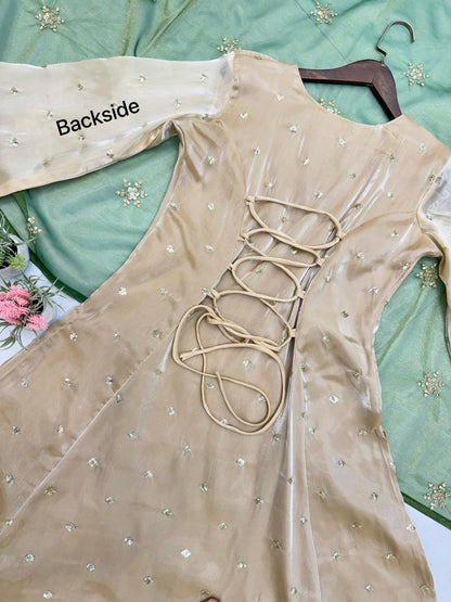 Delightful Embroidery Work Beige Color Salwar Suit With Green Dupatta