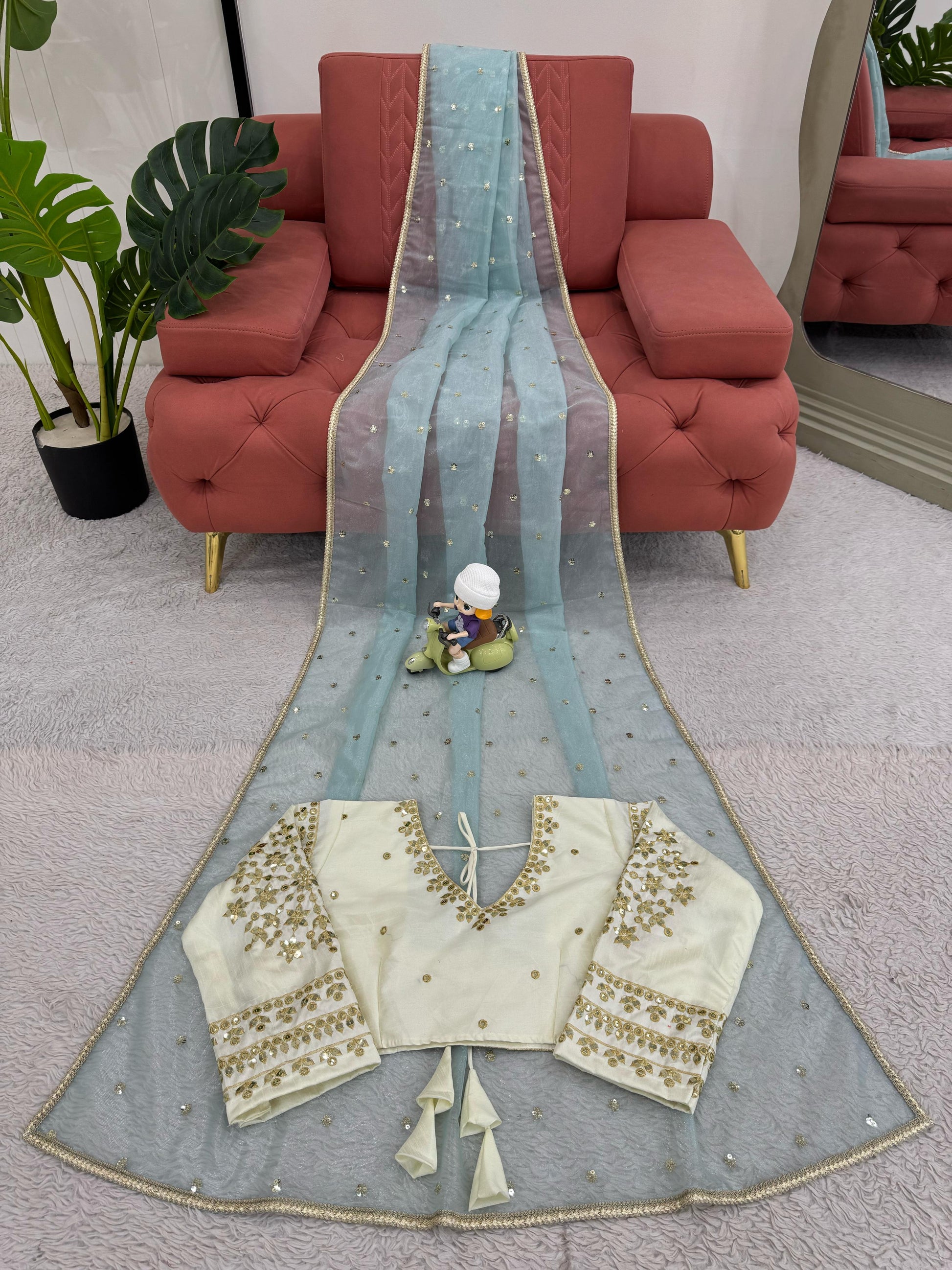 Fantastic Sequnce Work Net Sky Blue Color Saree