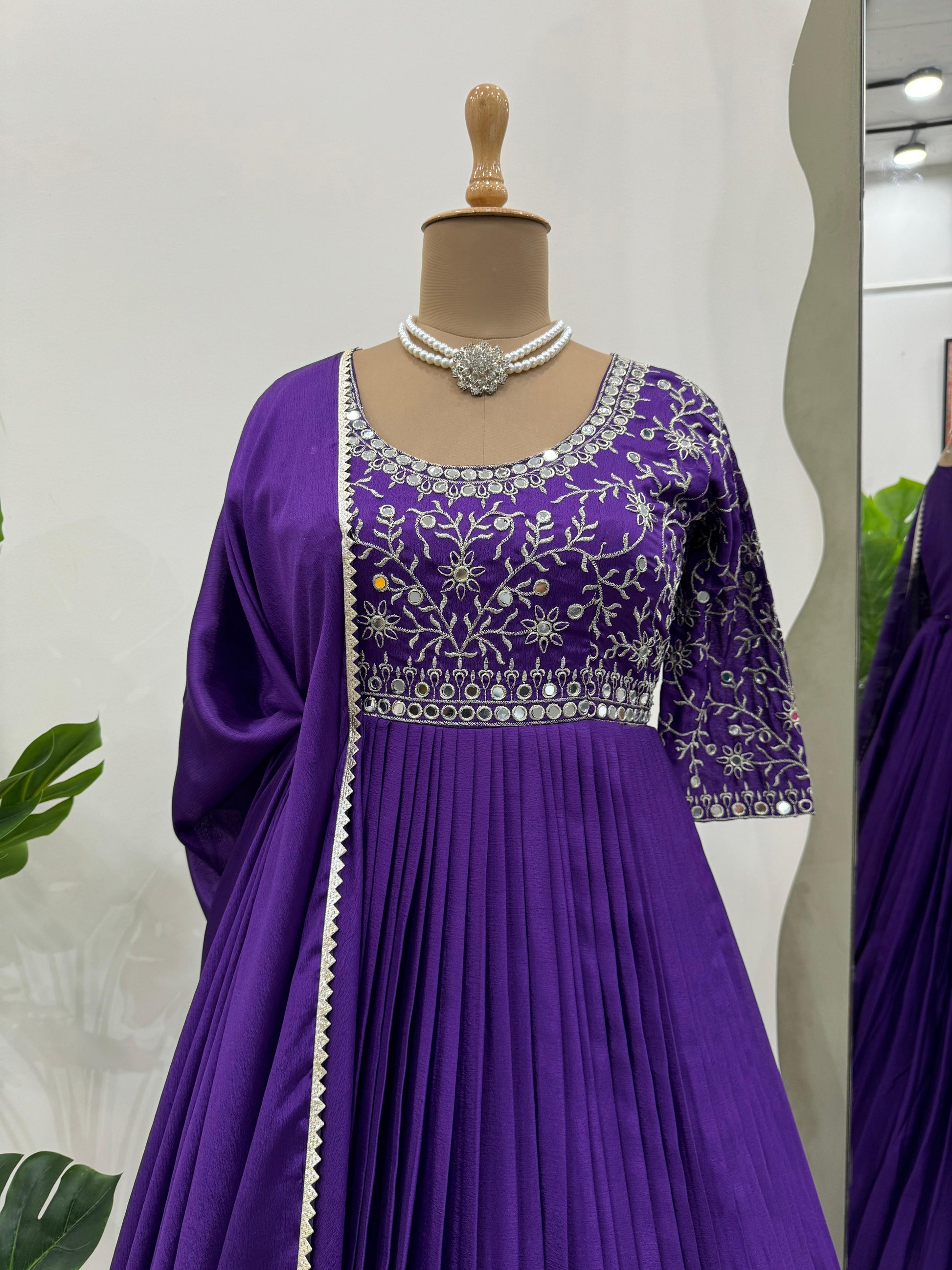 Awesome Real Mirror Work Purple Color Gown