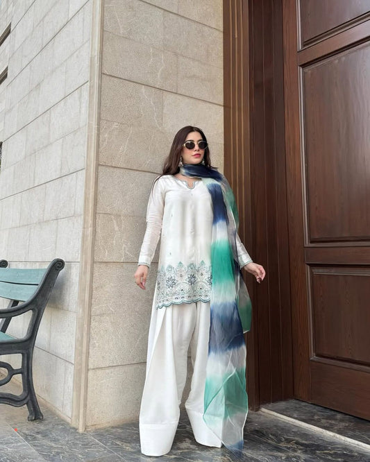 Elegant Roman Silk White Color Salwar Suit