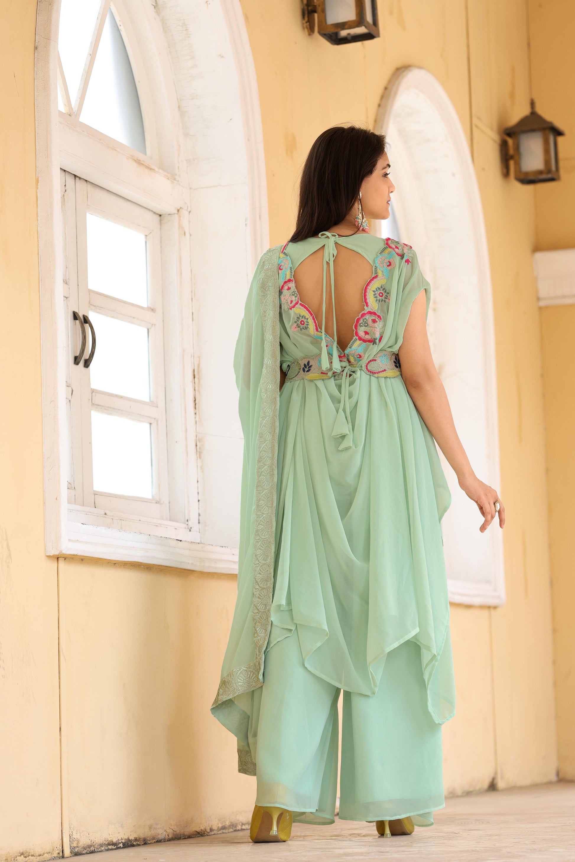 Unique Georgette Pista Color Palazzo Suit With Koti