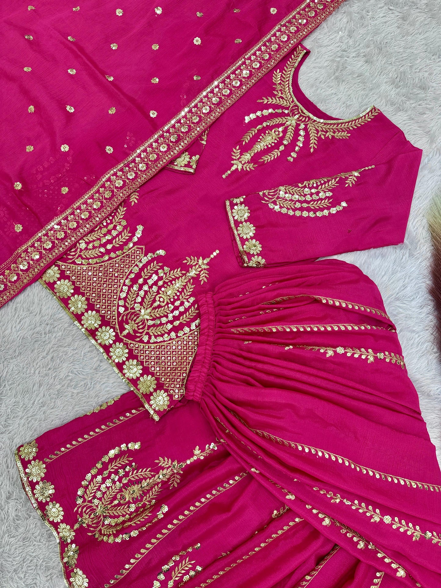 Glossy Chinon Silk Pink Color Sharara Suit