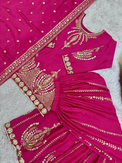 Glossy Chinon Silk Pink Color Sharara Suit