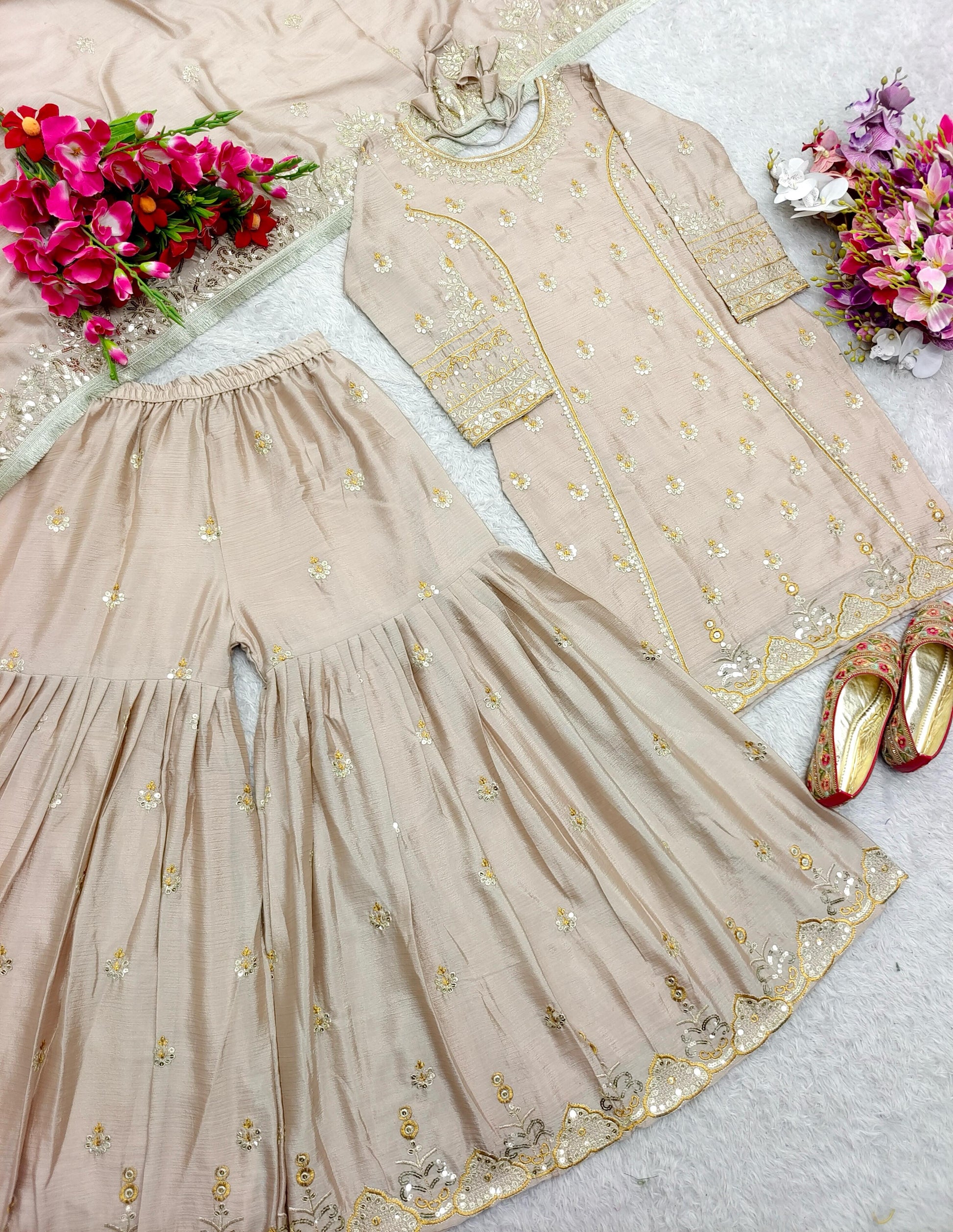 Ceremony Wear Chinon Silk Beige Color Sharara Suit