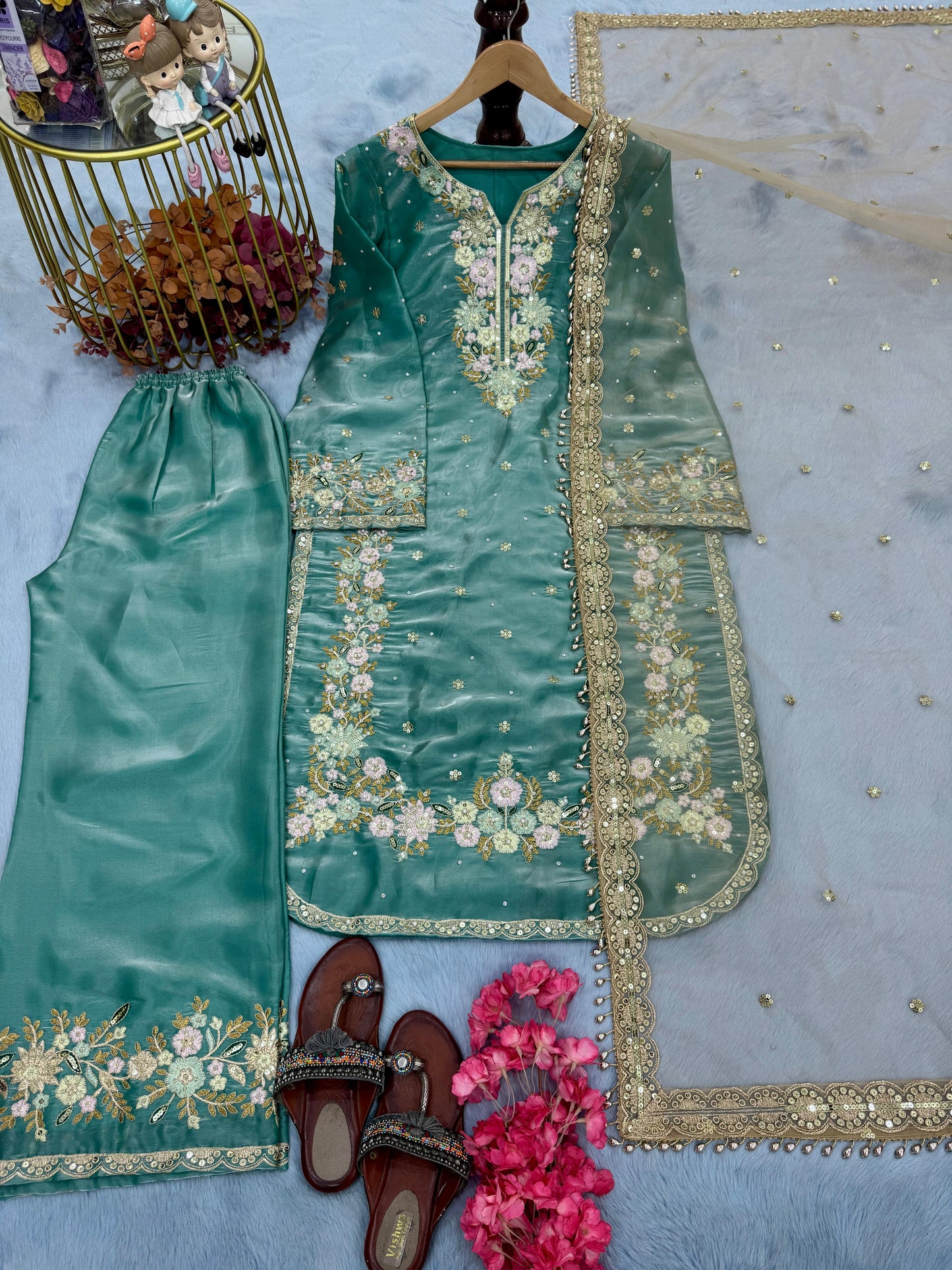 Elegant Jimmy Choo Sequence Work Teal Blue Color Palazzo Suit