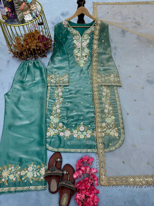 Elegant Jimmy Choo Sequence Work Teal Blue Color Palazzo Suit
