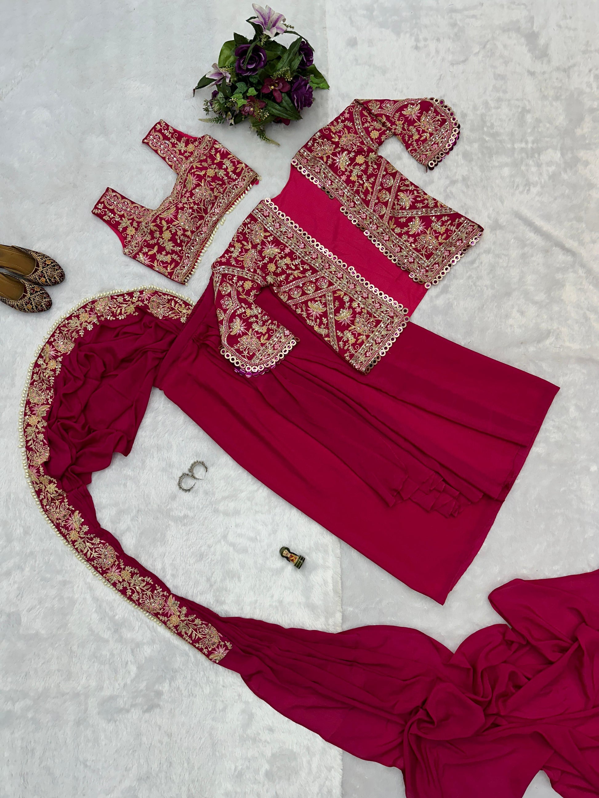Presenting Embroidery Work Pink Color Ready To Wear Saree