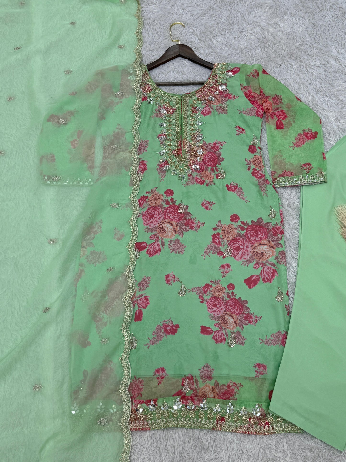 Flattering Sequence Heavy Stone Mirror Hand Work Pista Color Palazzo Suit
