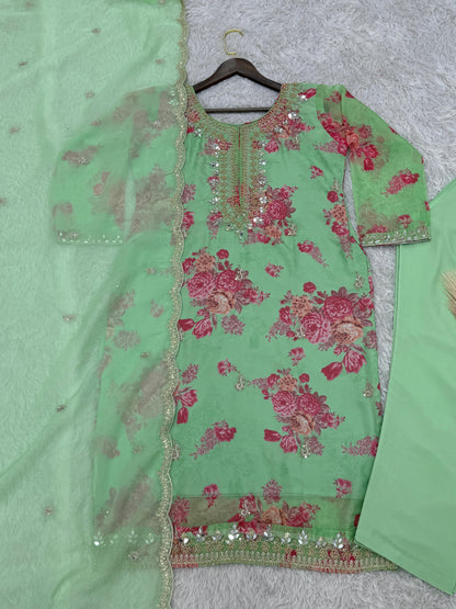 Flattering Sequence Heavy Stone Mirror Hand Work Pista Color Palazzo Suit
