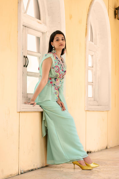 Unique Georgette Pista Color Palazzo Suit With Koti