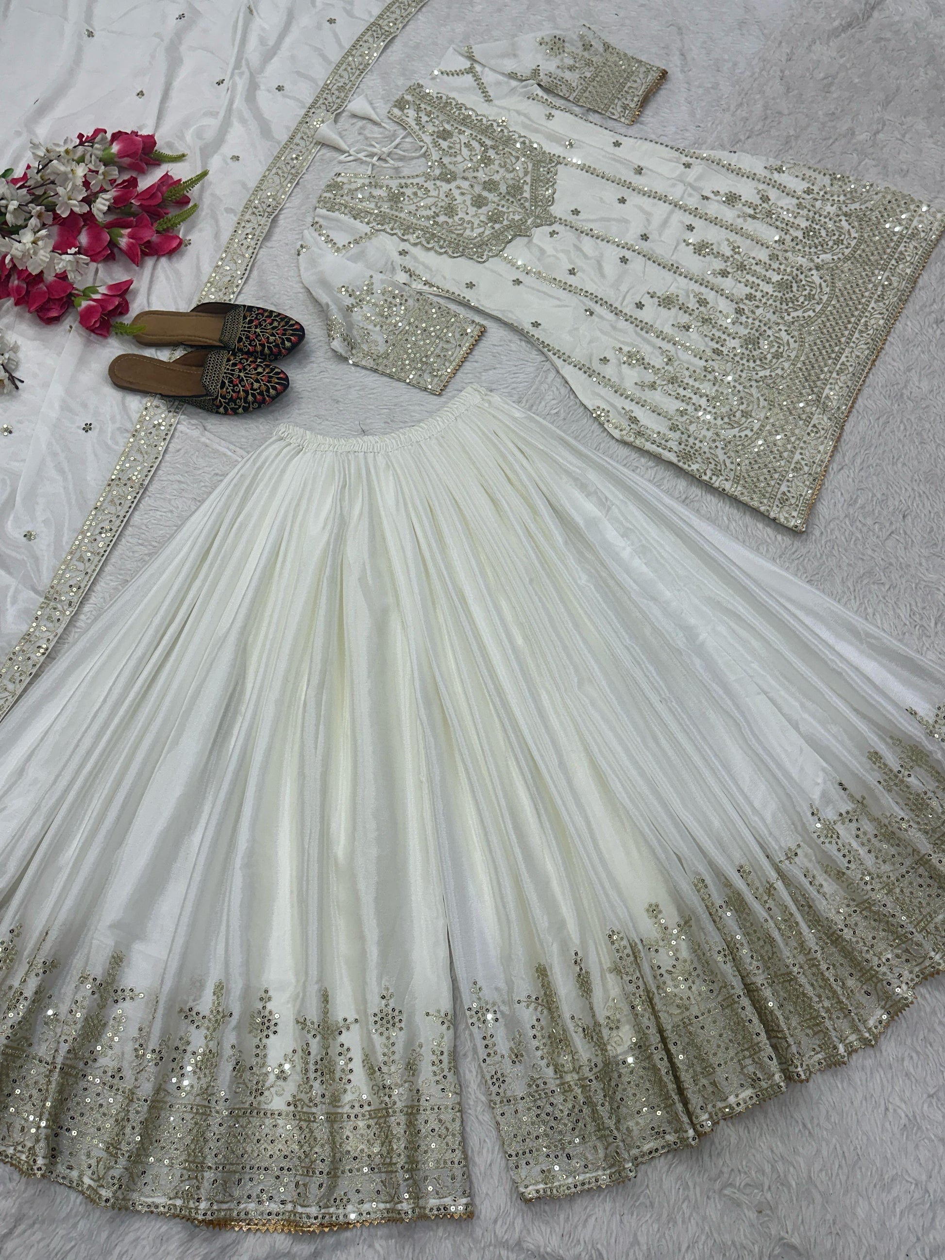 Flattering White Color Heavy Work Sharara Suit