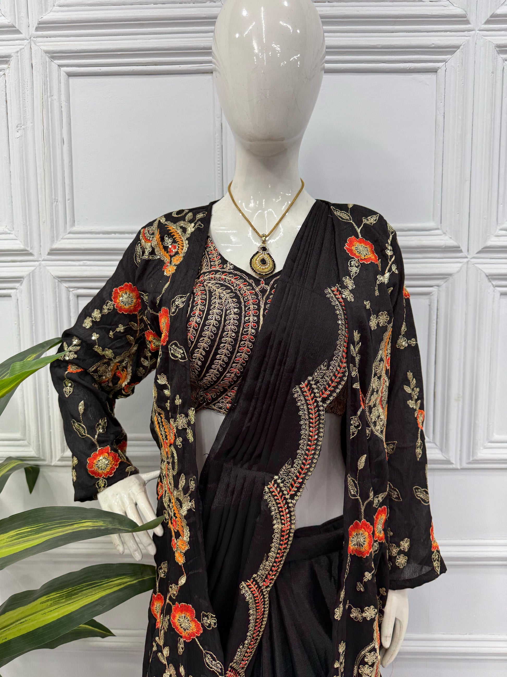 Eyes Catching Chinon Silk Black Color Ready To Wear Saree With Koti