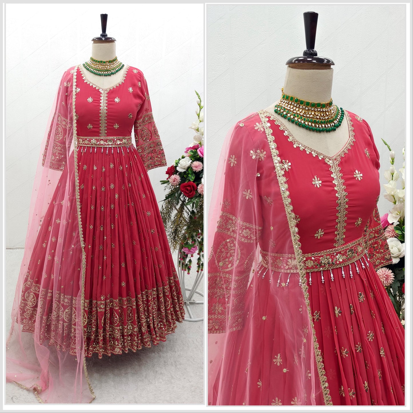 Imposing Pink Color Georgette Embroidery Work Gown