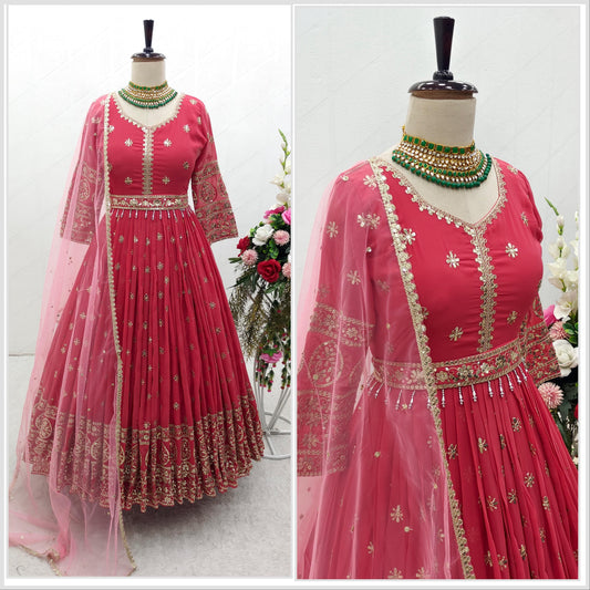 Imposing Pink Color Georgette Embroidery Work Gown