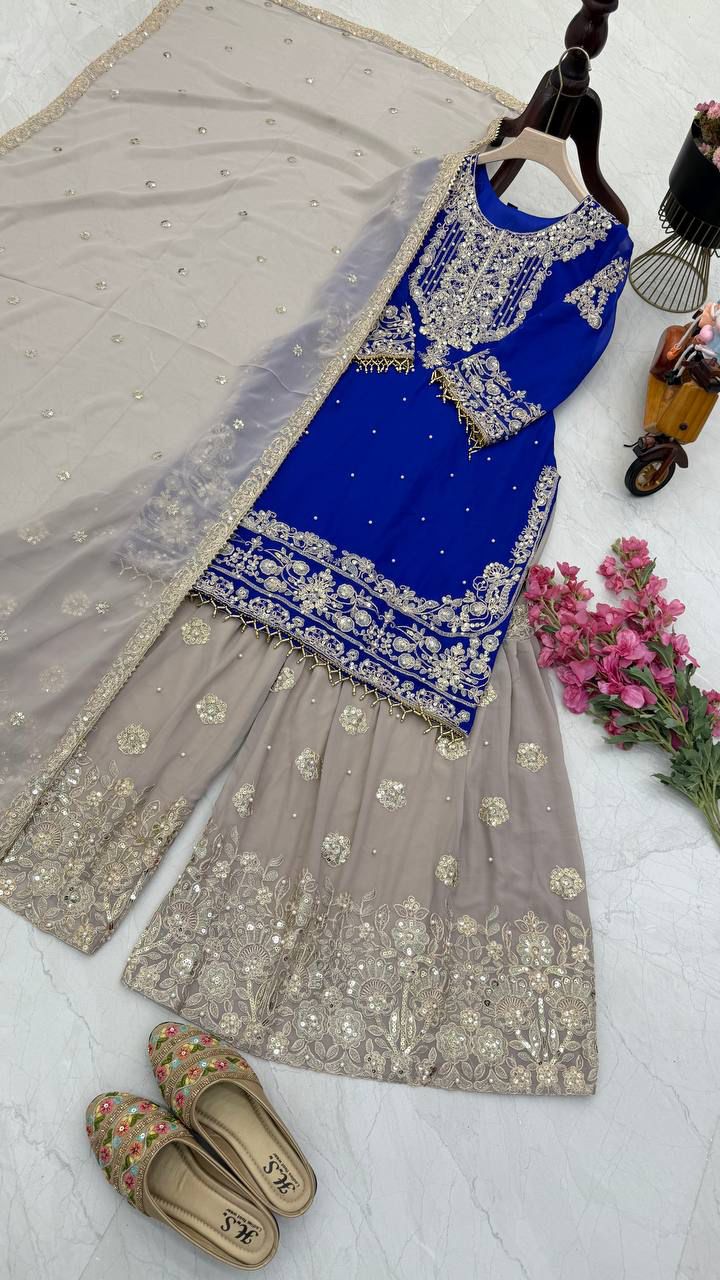 Glimmering Georgette Blue Color Sharara Suit