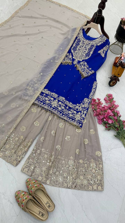 Glimmering Georgette Blue Color Sharara Suit