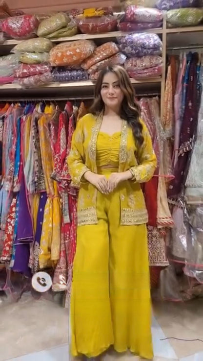 Attractive Georgette Yellow Color Palazzo With Koti
