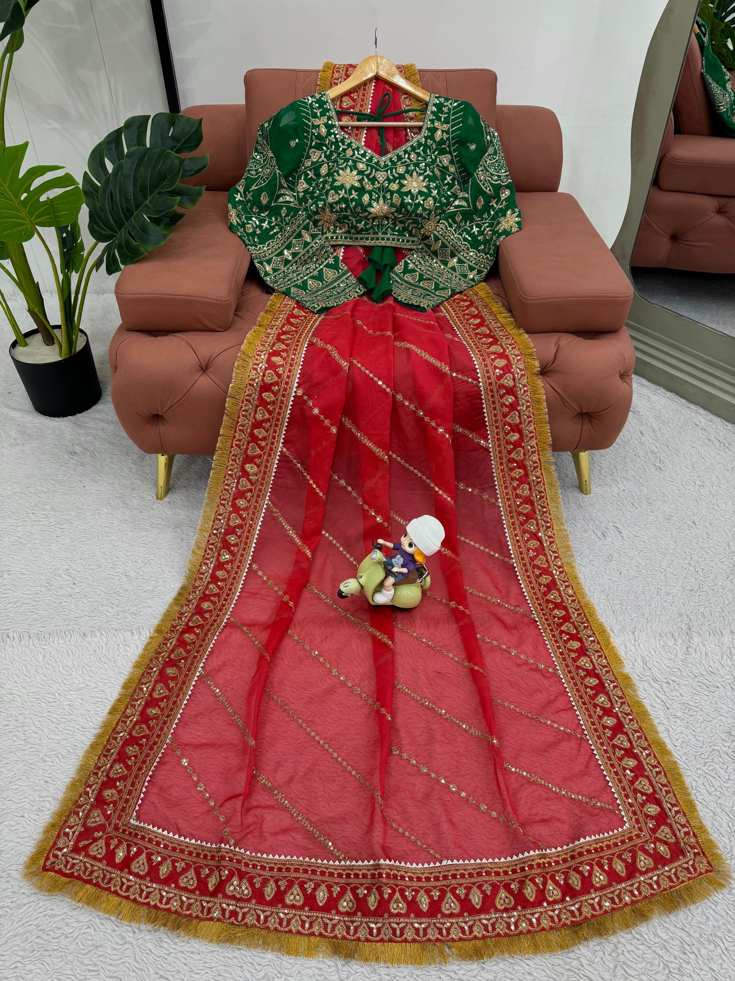 Jhanvi Kapoor Bollywood Organza Silk Red Color Sequnce Work Saree