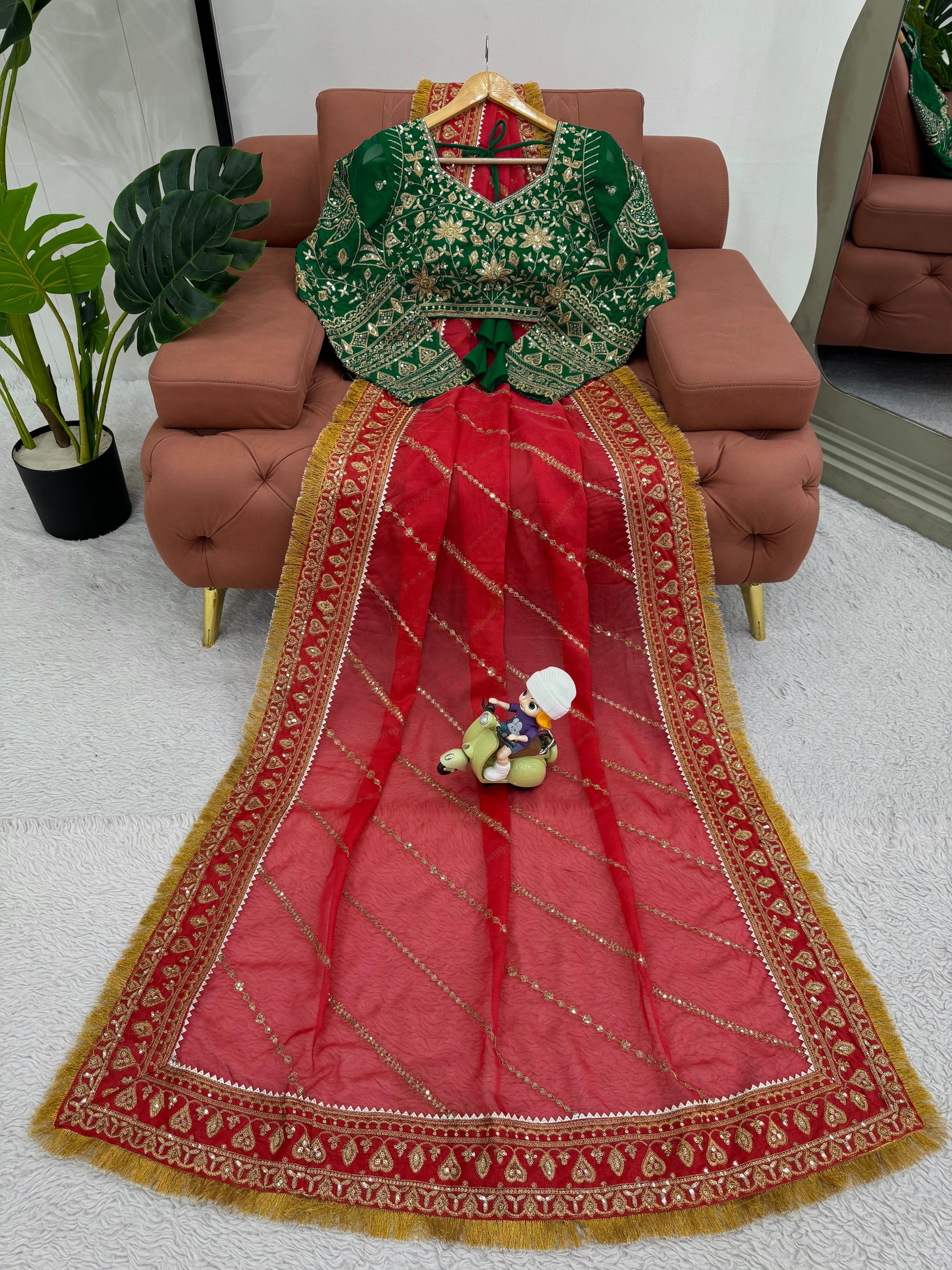 Jhanvi Kapoor Bollywood Organza Silk Red Color Sequnce Work Saree