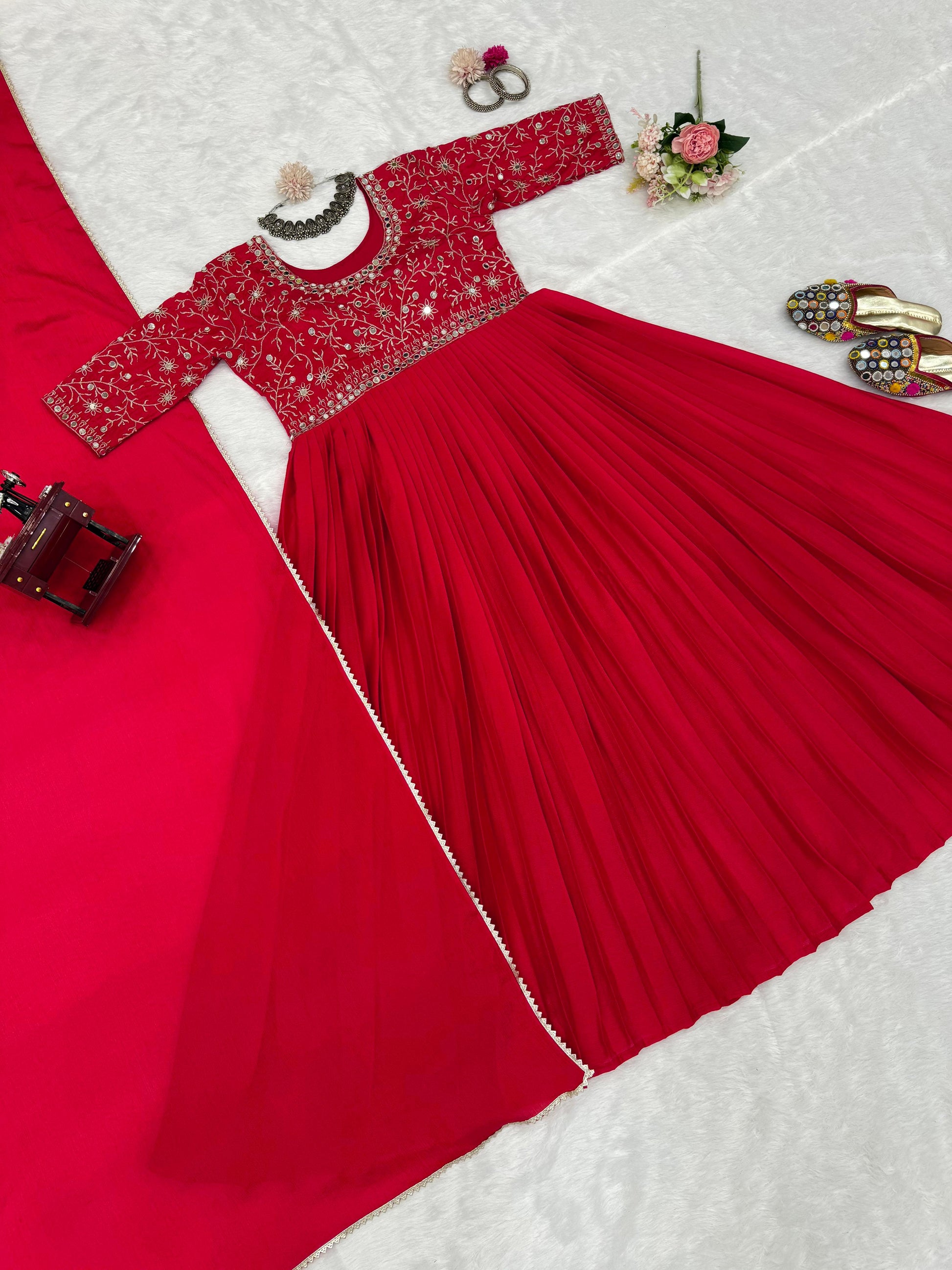 Awesome Real Mirror Work Red Color Gown